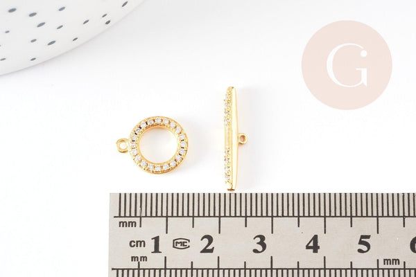 Fermoir T laiton doré 18k cristaux zircon 14mm, x1 (G5319)