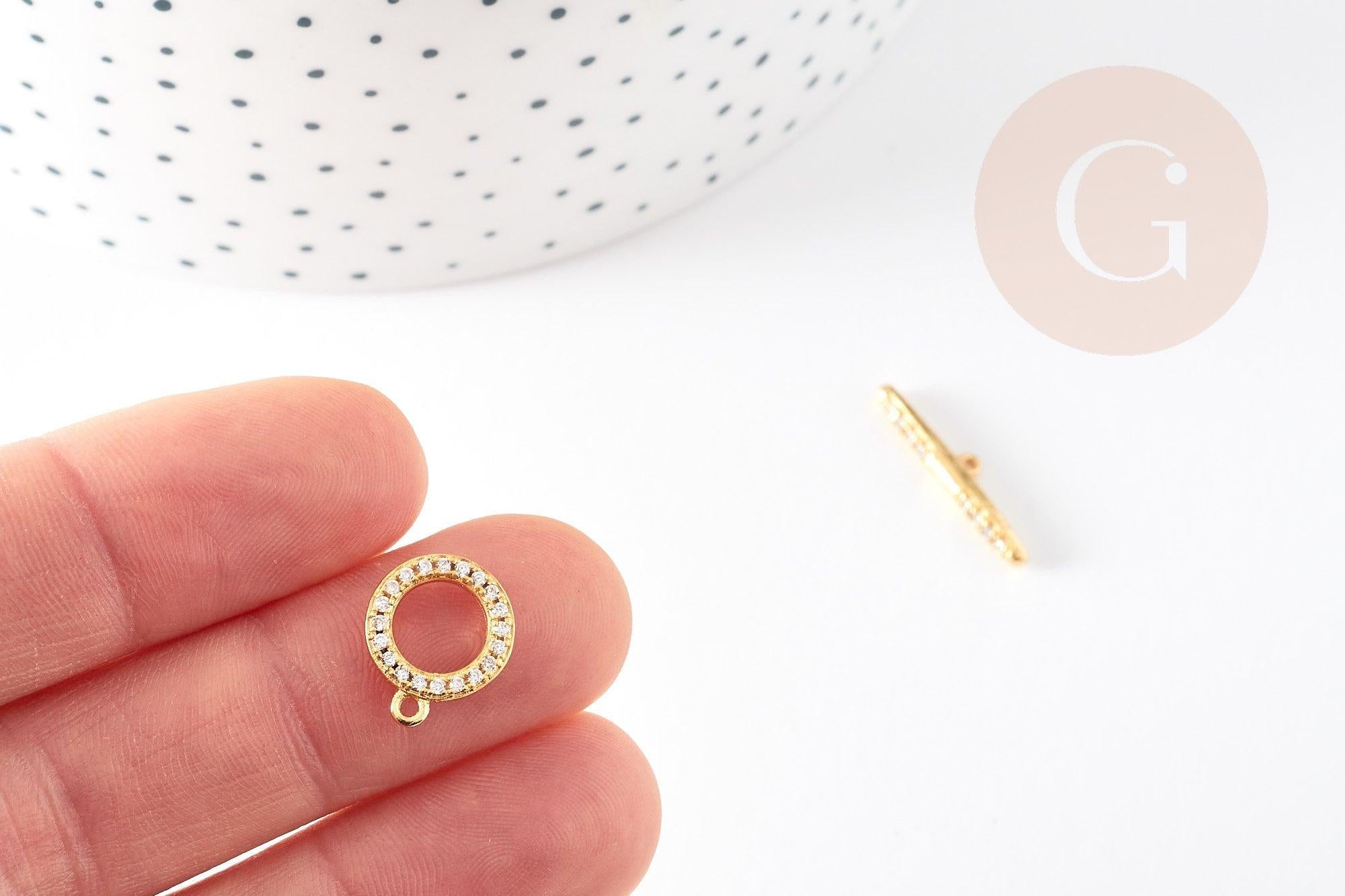 Fermoir T laiton doré 18k cristaux zircon 14mm, x1 (G5319)
