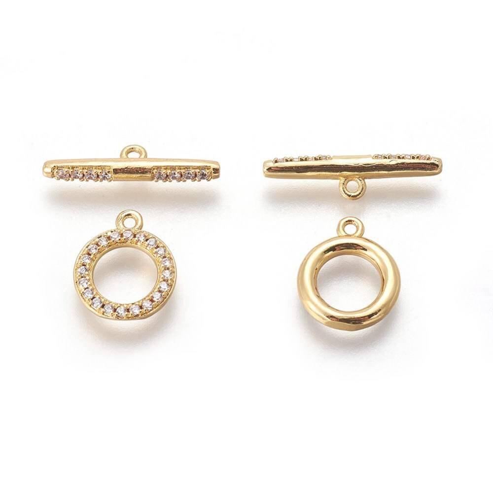 Fermoir T laiton doré 18k cristaux zircon 14mm, x1 (G5319)