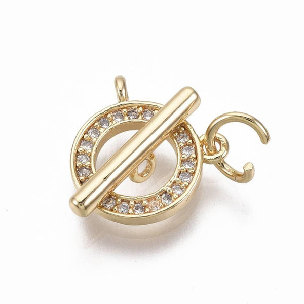 Fermoir T laiton doré 18k cristaux zircon 18mm, x1 (G5302)