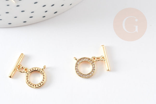 Fermoir T laiton doré 18k cristaux zircon 18mm, x1 (G5302)