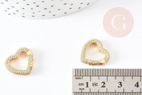 Fermoir à clapet coeur laiton doré et strass 18mm, x1 (G5243)