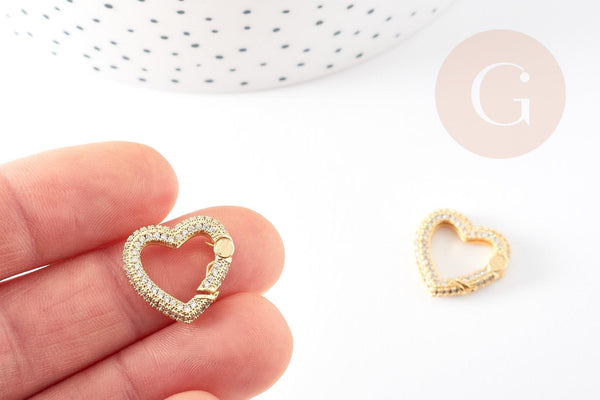 Fermoir à clapet coeur laiton doré et strass 18mm, x1 (G5243)