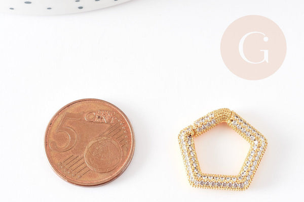 Fermoir à clapet hexagone laiton doré 16k zircon blanc 21mm, x1 (G6686)