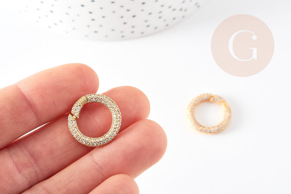 Fermoir à clapet rond laiton doré 16k zircon blanc 21mm, x1 (G6670)