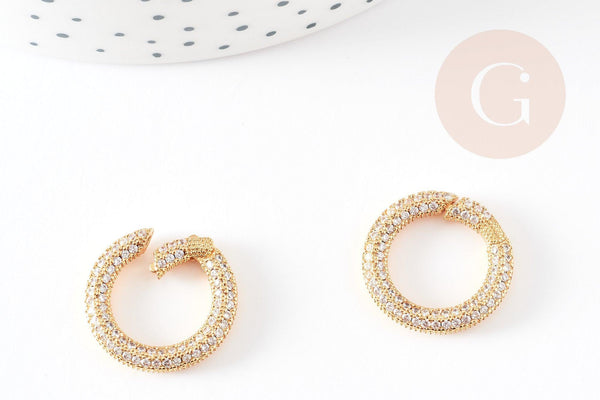 Fermoir à clapet rond laiton doré 16k zircon blanc 21mm, x1 (G6670)
