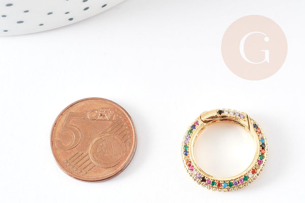 Fermoir à clapet rond laiton doré 16k zircon multicolore 21mm, x1 (G5641)