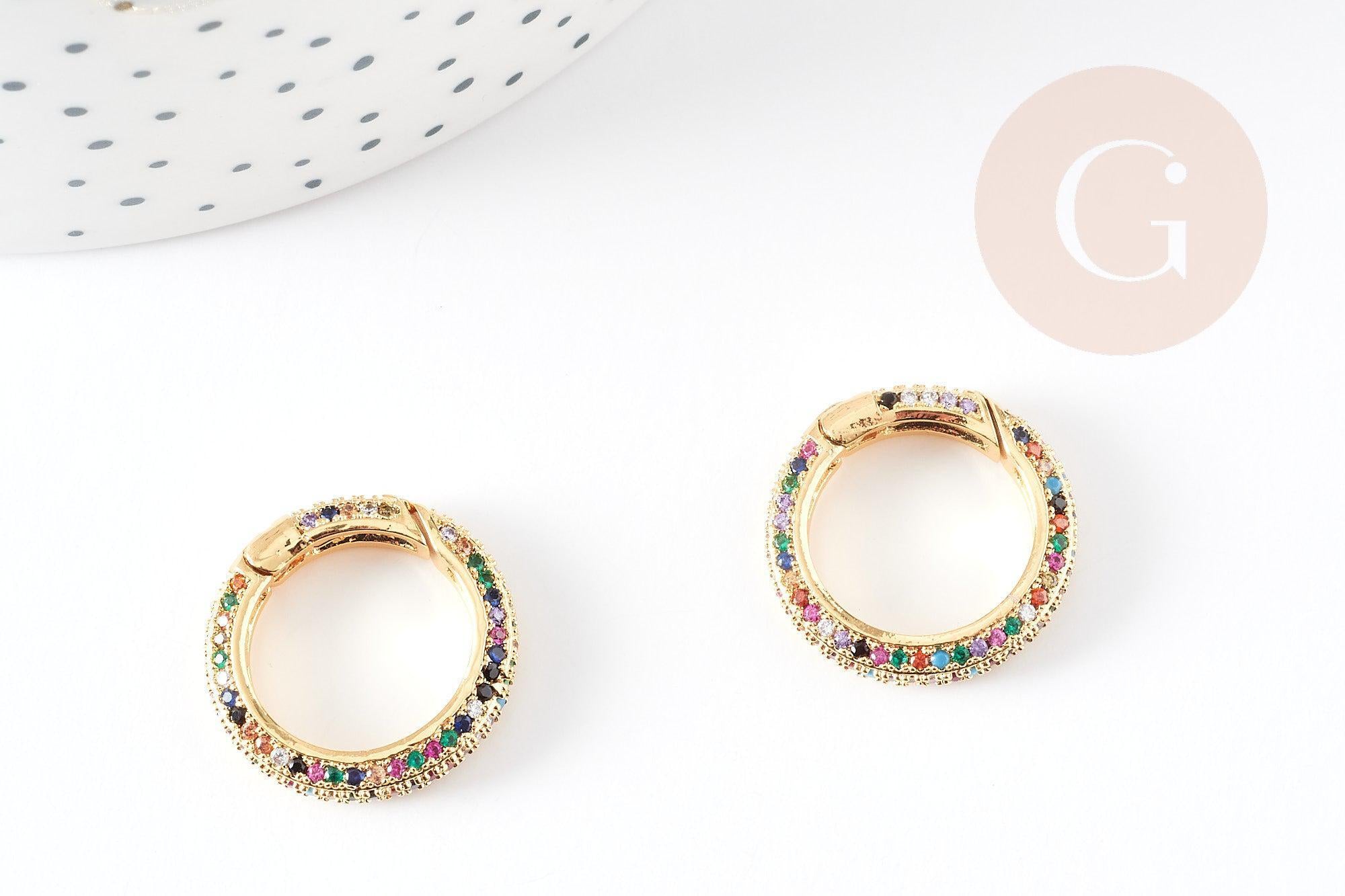 Fermoir à clapet rond laiton doré 16k zircon multicolore 21mm, x1 (G5641)