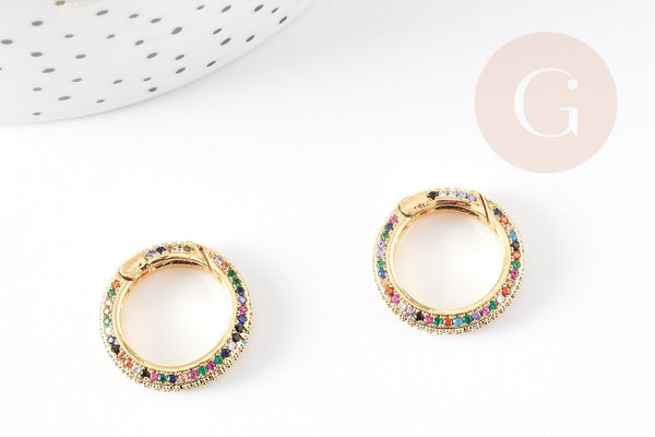 Fermoir à clapet rond laiton doré 16k zircon multicolore 21mm, x1 (G5641)