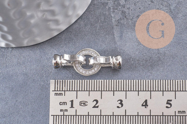 Fermoir à clipser anneaux laiton platine et strass 27mm, x1 (G5316)