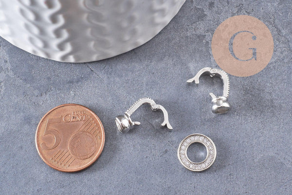 Fermoir à clipser anneaux laiton platine et strass 27mm, x1 (G5316)