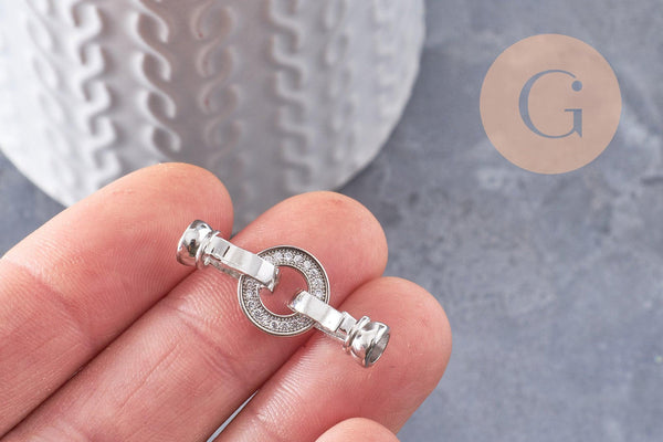 Fermoir à clipser anneaux laiton platine et strass 27mm, x1 (G5316)