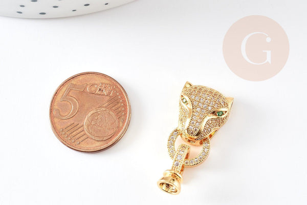Fermoir à clipser léopard laiton doré et strass 31mm, x1 (G4066)