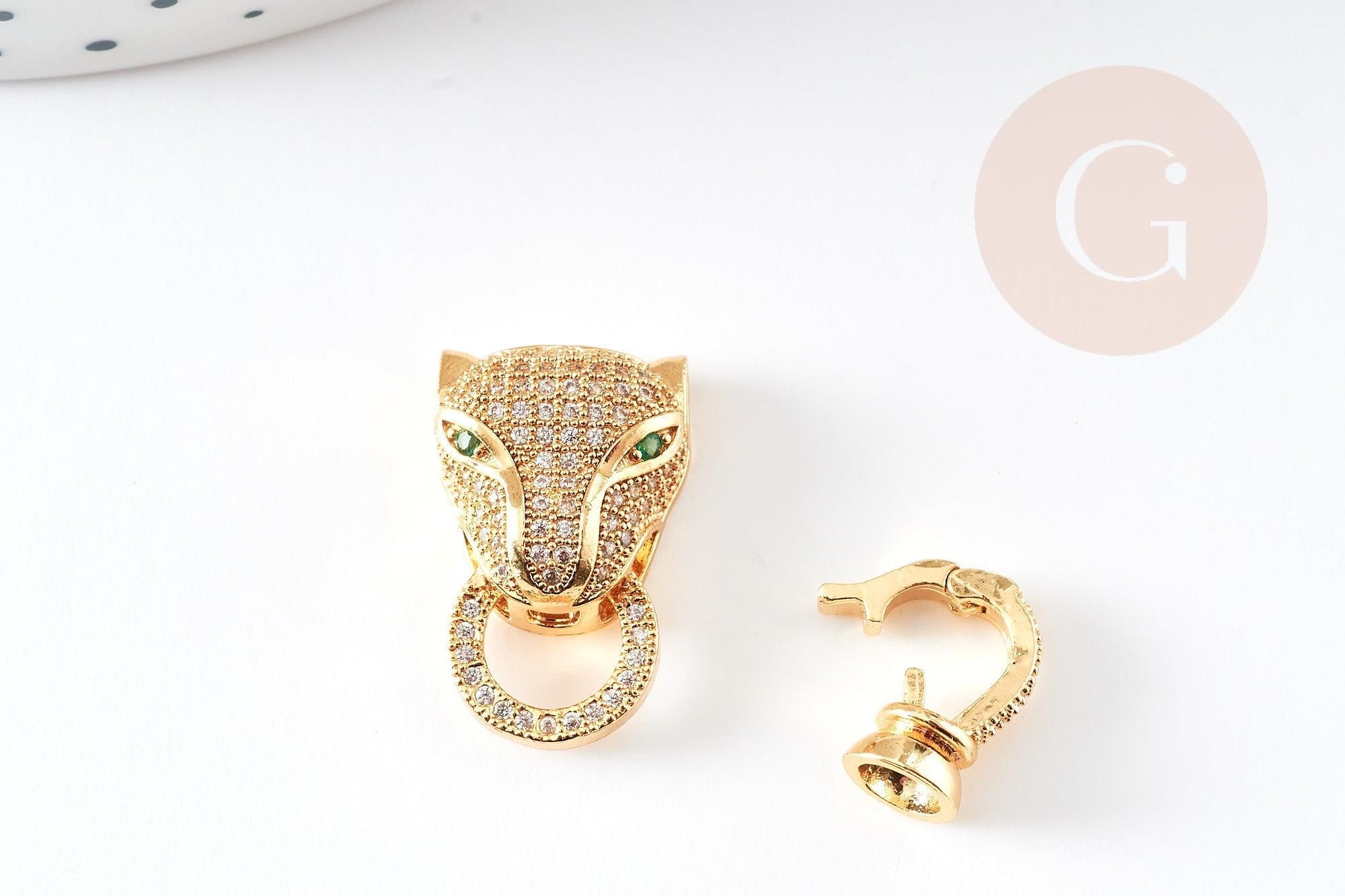 Fermoir à clipser léopard laiton doré et strass 31mm, x1 (G4066)
