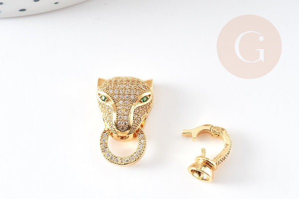 Fermoir à clipser léopard laiton doré et strass 31mm, x1 (G4066)