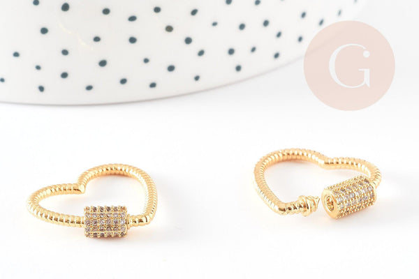 Fermoir à vis coeur laiton doré et strass 24mm, x1 (G3426)