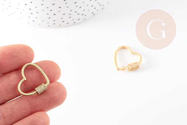 Fermoir à vis coeur laiton doré et strass 24mm, x1 (G3426)