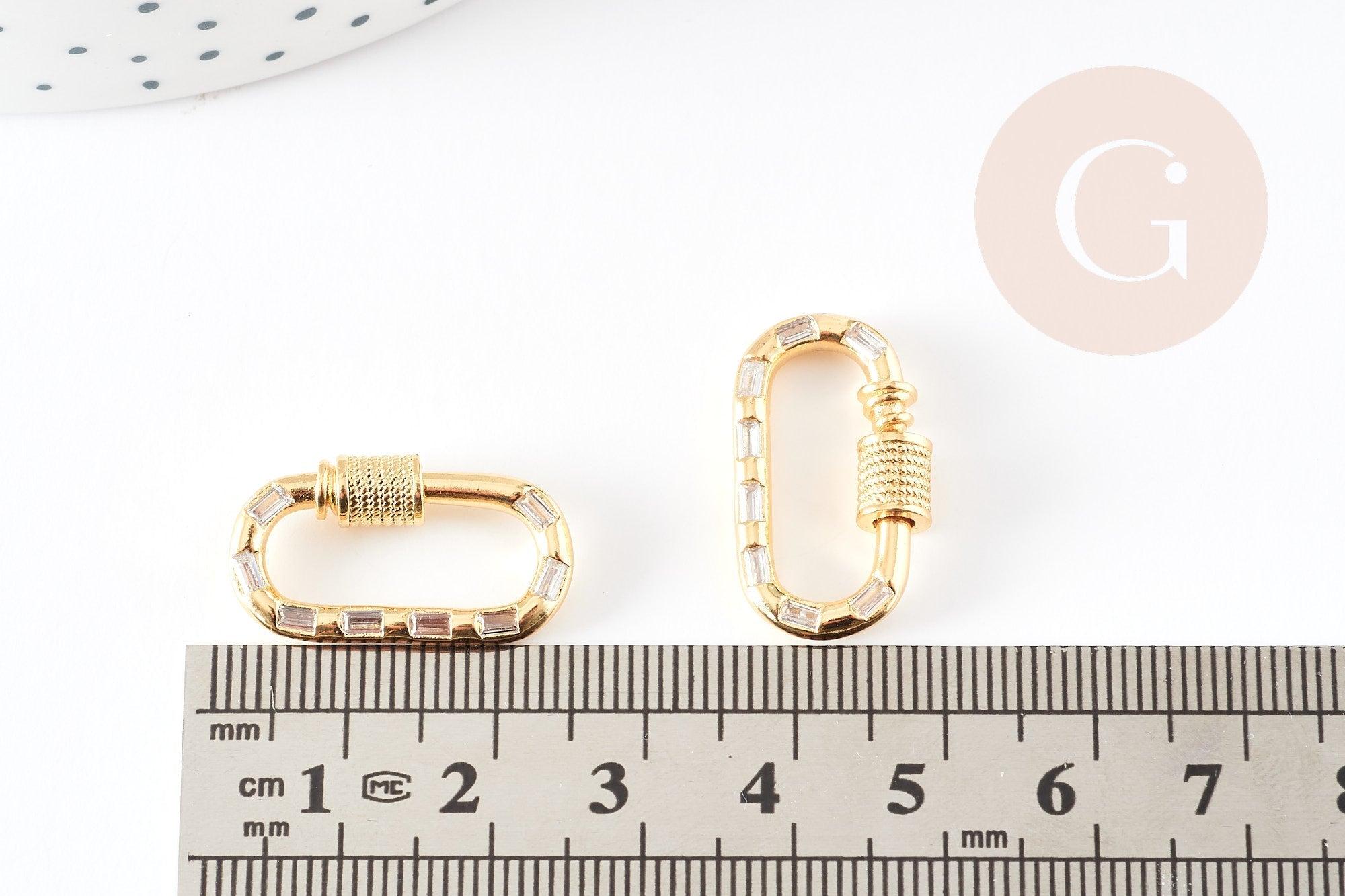 Fermoir ovale à vis laiton doré 18k zircons blanc 23.5mm, x1 (G5338)