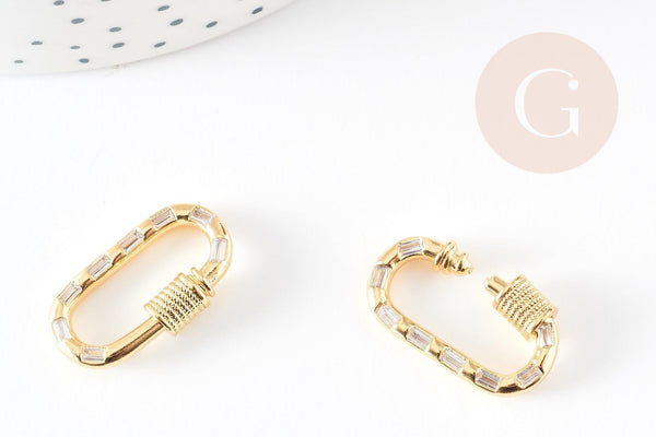 Fermoir ovale à vis laiton doré 18k zircons blanc 23.5mm, x1 (G5338)