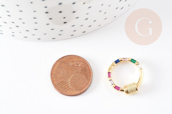 Fermoir rond à vis laiton doré 18k strass coloré 18mm, x1 (G5853)