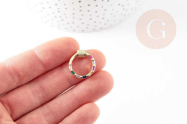 Fermoir rond à vis laiton doré 18k strass coloré 18mm, x1 (G5853)