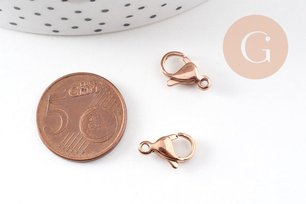 Fermoirs mousquetons acier 304 inoxydable or rose IP 13mm, x5 (G10893)