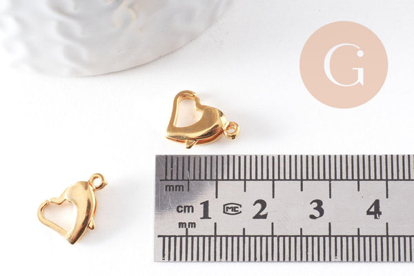 Fermoirs mousquetons coeur acier 304 inoxydable doré 14mm, x5 (G4057)