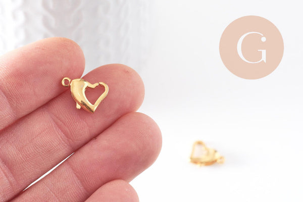 Fermoirs mousquetons coeur acier 304 inoxydable doré 14mm, x5 (G4057)