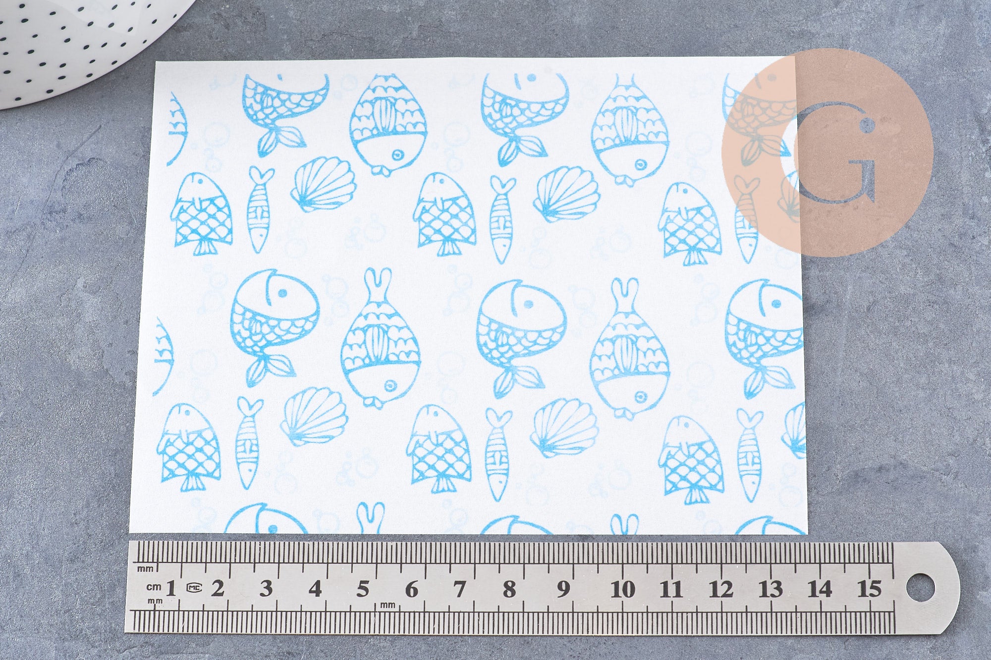 Feuille de transfert polymère – Gros poissons & coquillages turquoise 14x10 cm, x1 (G10773)