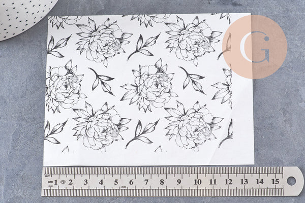 Feuille de transfert polymère – Pivoines Noir & blanc 14x10 cm, x1 (G10762)