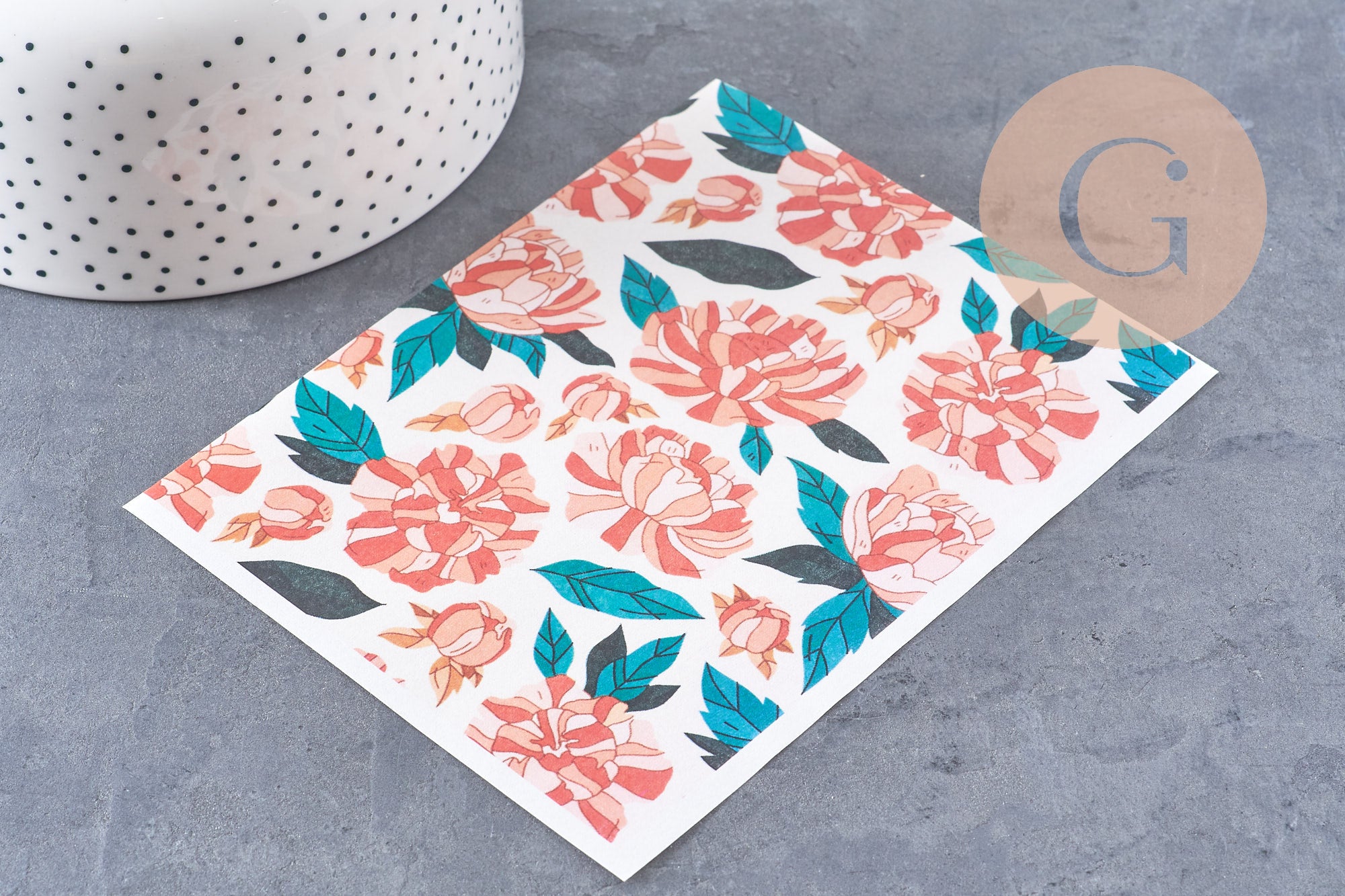 Feuille de transfert polymère – Pivoines stylisées 14x10 cm, x1 (G10763)