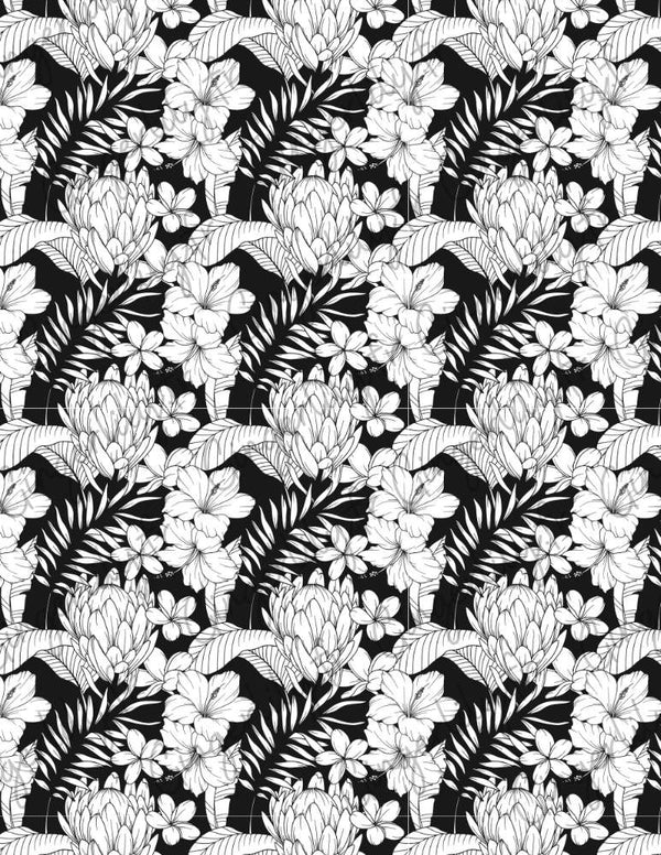 Feuille de transfert polymère – fleurs tropicales fond noir 14x10 cm, x1 (G10785)