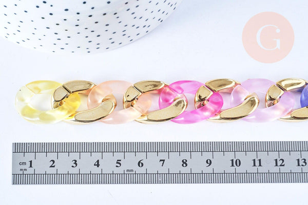 Grosse Chaine acrylique multicolore et plastique doré 30x21mm, création dragonne lannière de sac, x1 mètre (G4964)