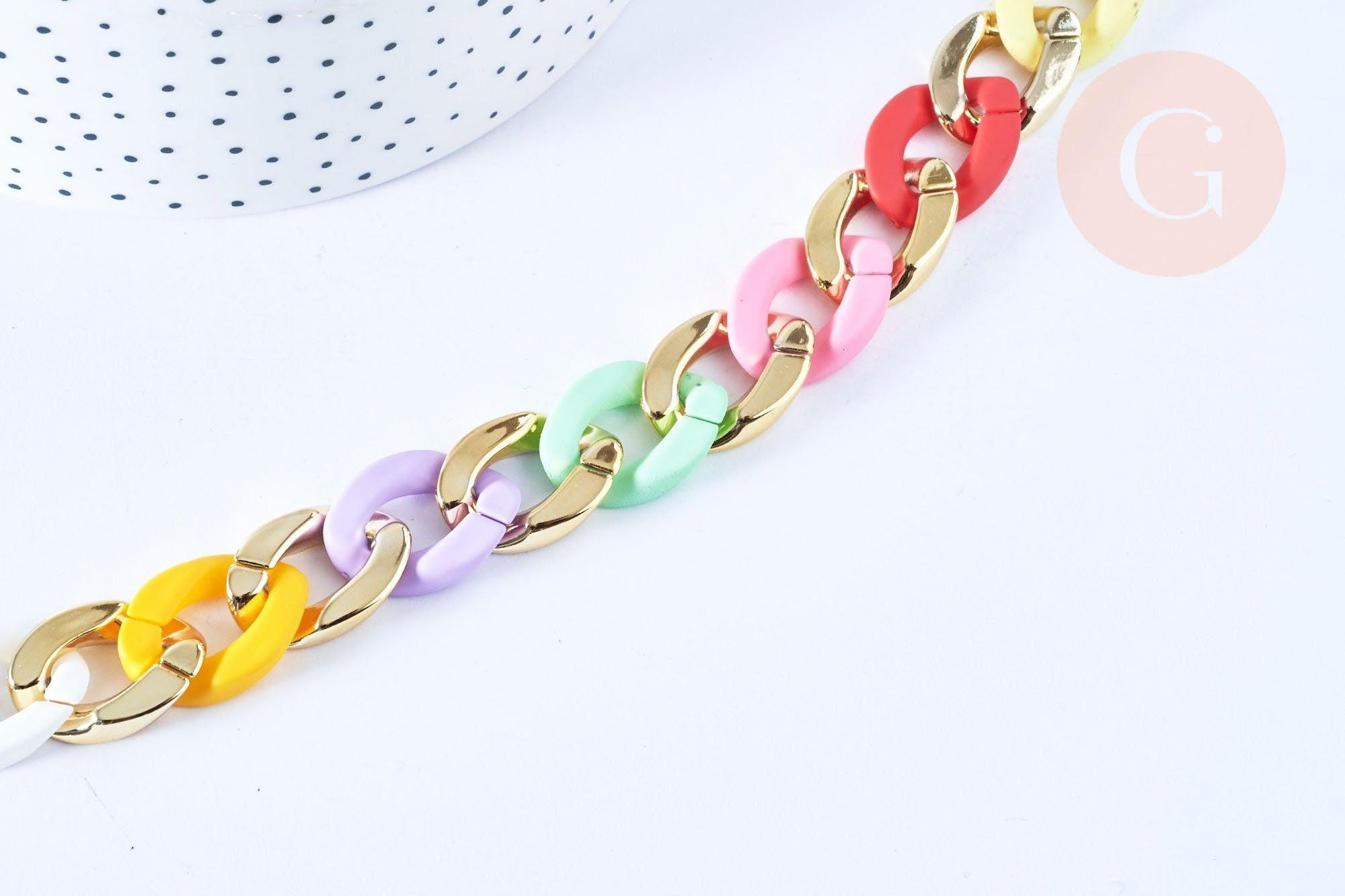 Large pastel multicolor acrylic and gold plastic chain, acetate pearl,