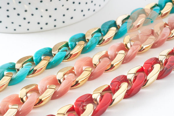 Grosse Chaine acrylique plastique doré 22x16mm, perle acétate, chaine plastique, x1 mètre (G4965)