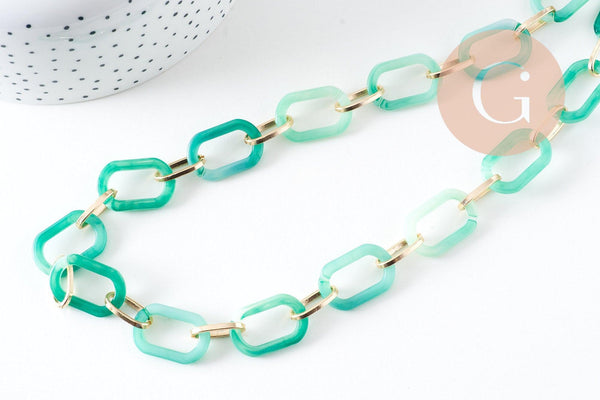 Grosse Chaine ronde écaille acrylique vert et aluminium doré texturé,perle acétate, chaine plastique,18.5mm, x1 mètre (G3365)