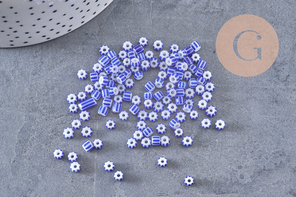 Grosse Perle rocaille rayé bleu blanc 3-4.5mm, x10gr (G9280)