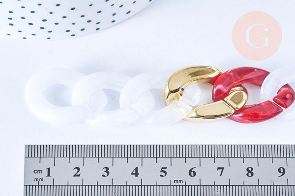 Grosse chaîne rouge or blanc acrylique 29.5mm, chaîne acétate, chaîne plastique, x1 mètre (G5948)