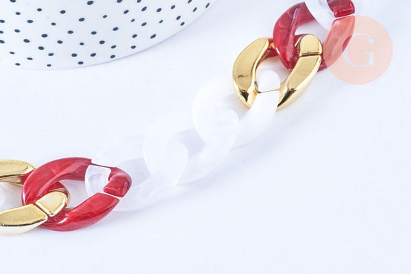 Grosse chaîne rouge or blanc acrylique 29.5mm, chaîne acétate, chaîne plastique, x1 mètre (G5948)