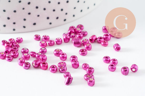 Grosses perles rocaille rose fuchsia métallisé 4mm,perles rocaille rose fushia nacré, x10 Gr (G9632)