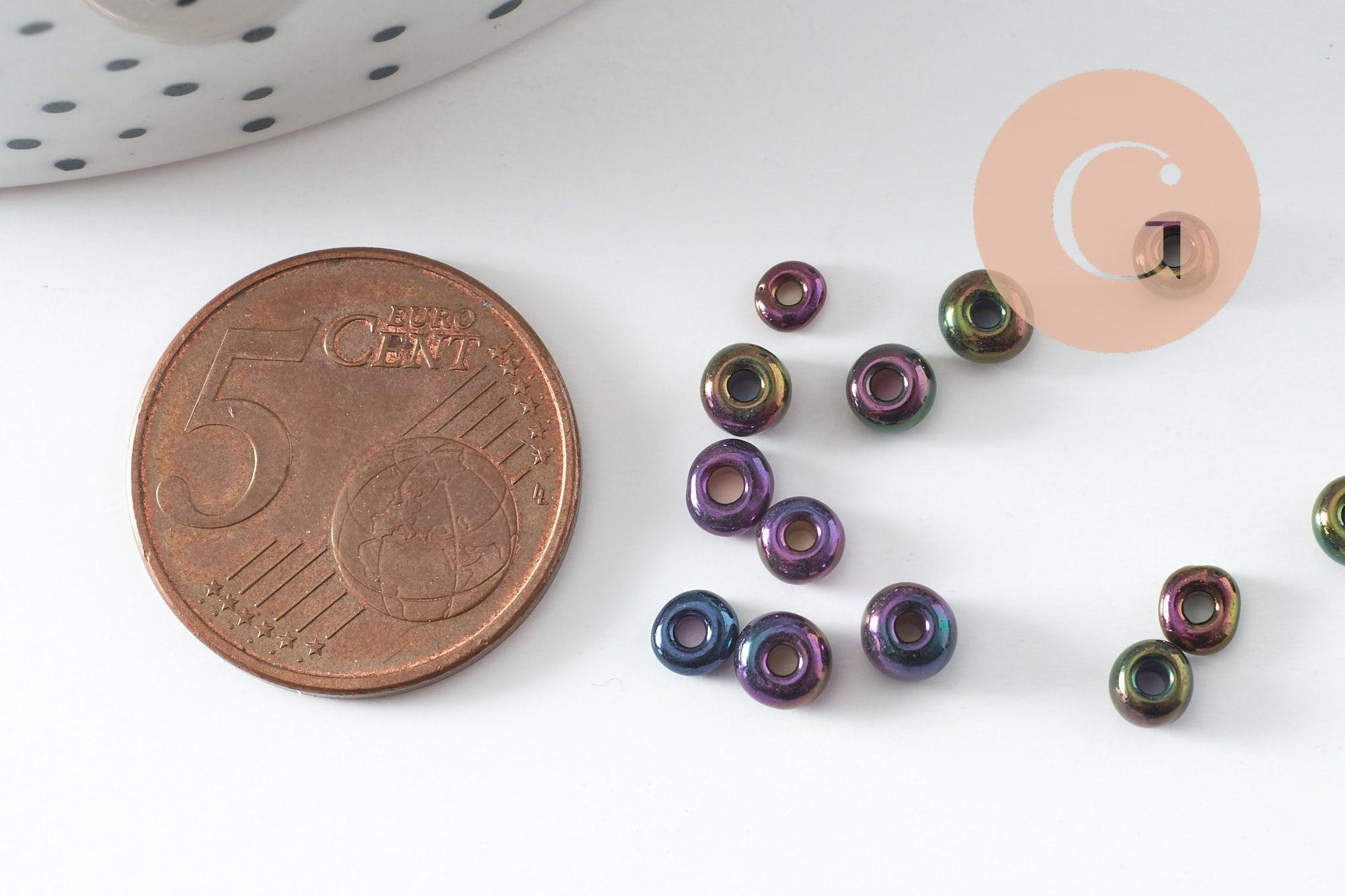 Grosses perles rocaille noires irisées 4mm,perles rocaille arc-en-ciel, x 10 Gr (G2899)