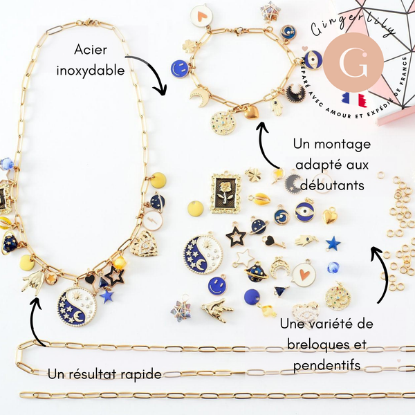 Kit Bracelet + Collier DIY – Thème Mystique / Océan / Fruits – Breloques + Chaîne Dorée – Idéal débutante & cadeau, x1 (G9554)