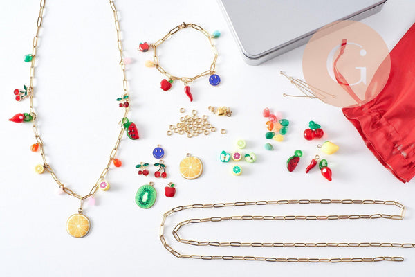 Kit Bracelet + Collier DIY – Thème Mystique / Océan / Fruits – Breloques + Chaîne Dorée – Idéal débutante & cadeau, x1 (G9554)