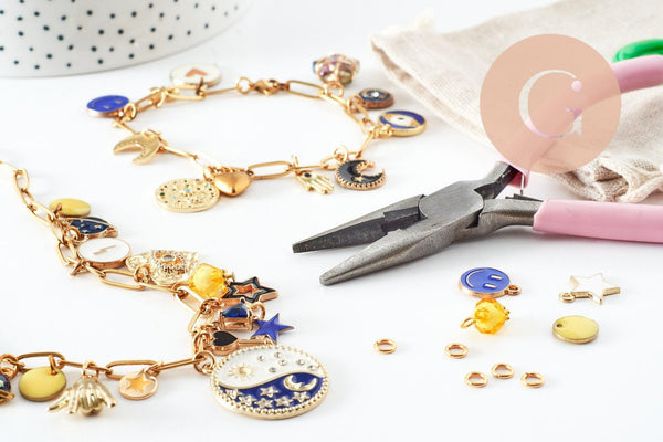 Kit Bracelet + Collier DIY – Thème Mystique / Océan / Fruits – Breloques + Chaîne Dorée – Idéal débutante & cadeau, x1 (G9554)