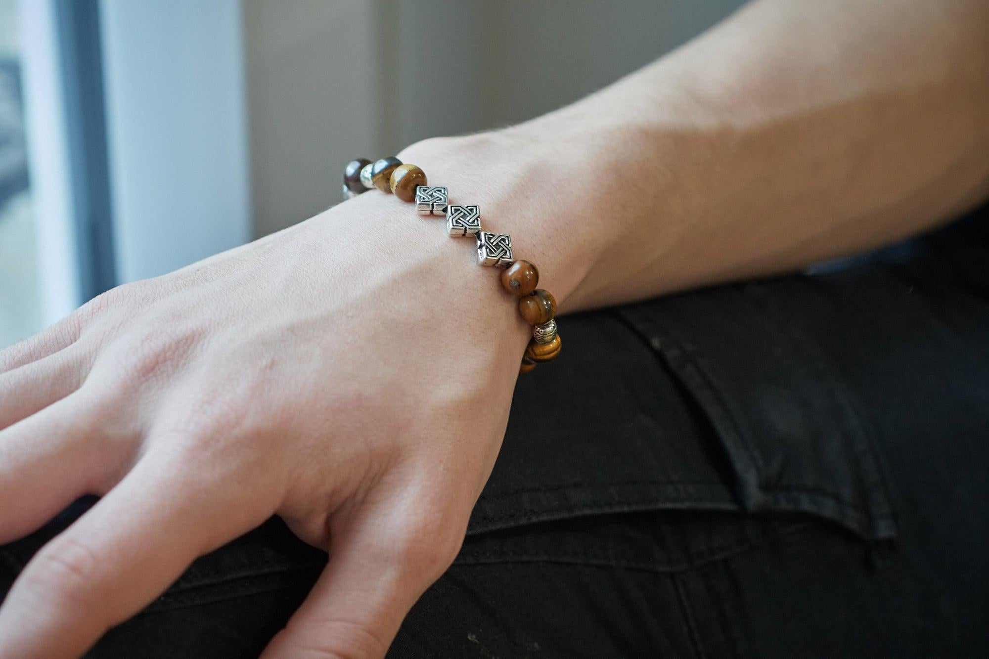 Kit Bracelet pour Homme Oeil de tigre naturel zamac argenté LEILO, pochette 1 bracelet (G9176)