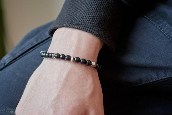 Kit Bracelet pour Homme agate naturelle noire zamac argenté TITOUAN, x1 pochette 1 bracelet (G9177)