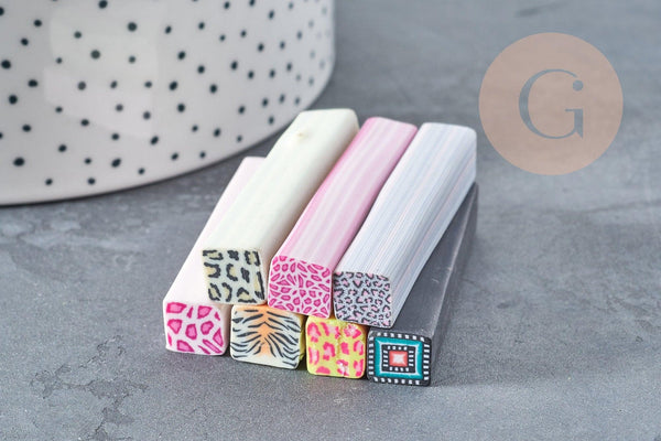 Lot canes polymère carrées mélangées 50mm motif animal, x5 (G8902)