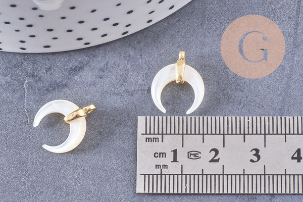 Lune nacre blanche naturelle support laiton doré 15.8mm, x1 (G3251)