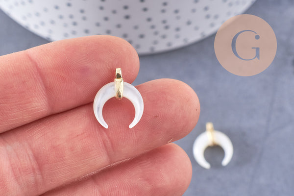 Lune nacre blanche naturelle support laiton doré 15.8mm, x1 (G3251)