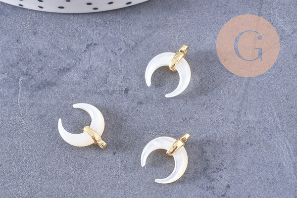 Lune nacre blanche naturelle support laiton doré 15.8mm, x1 (G3251)